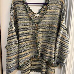 POL Women's Striped Knit Cardigan in Blue and Green